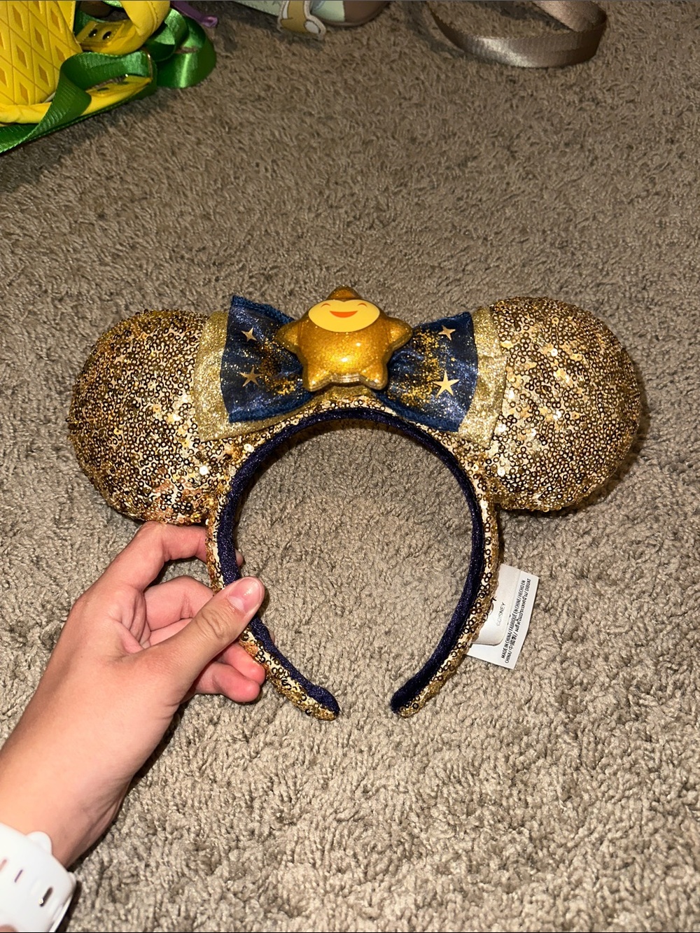 Gold Sequin Minnie Ears Headband with Navy Star Bow (plus shipping)